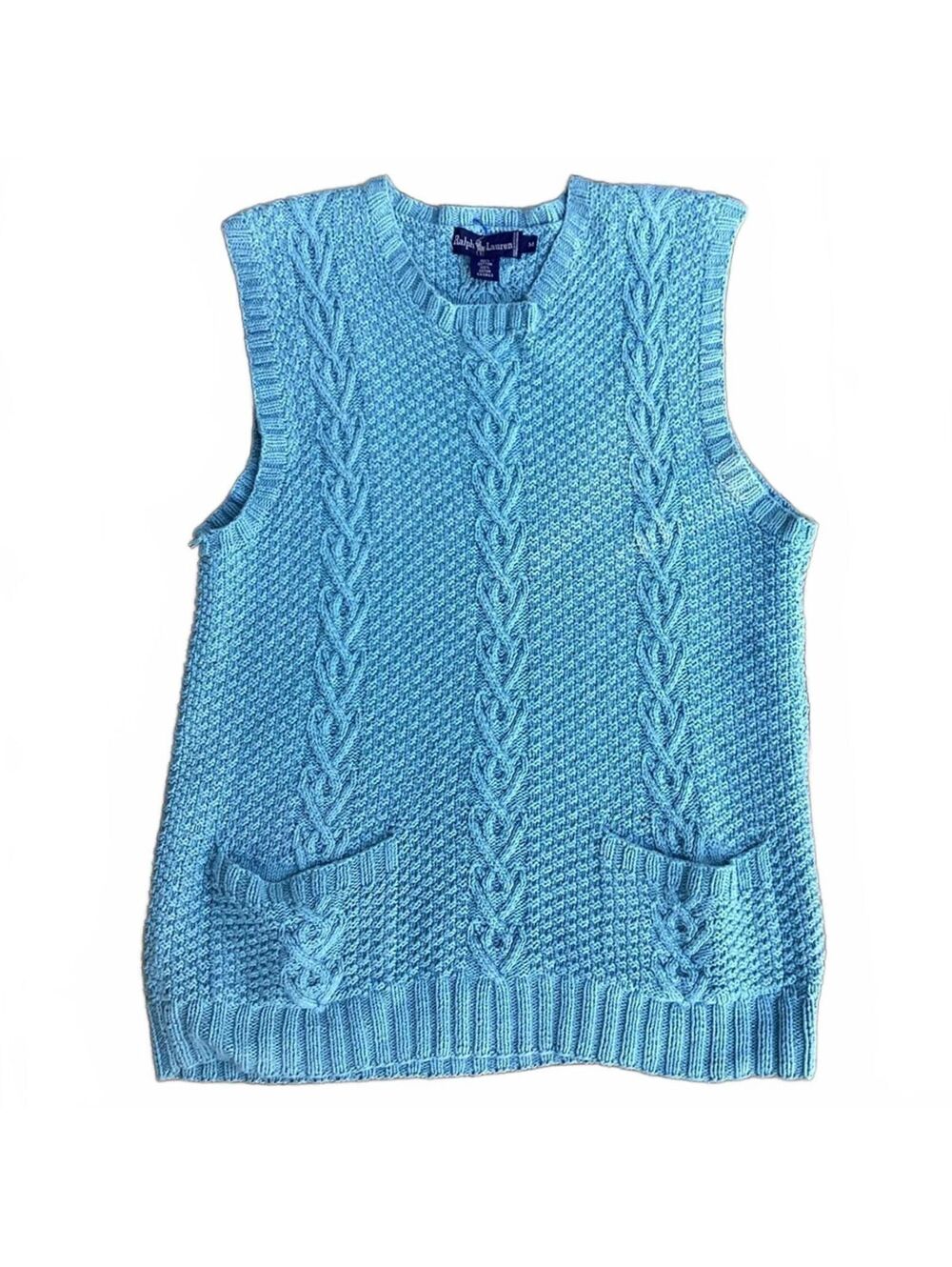 Polo Ralph Lauren Med Blue Cable Knit Cotton Sweater Vest Medium.